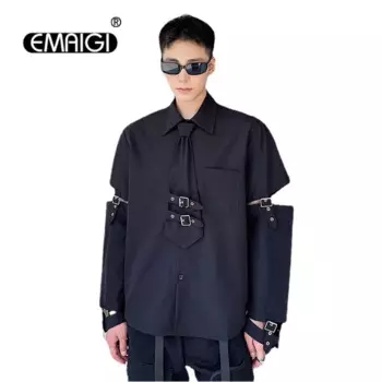 Рубашки мужские с металлическим ремешком и галстуком с длинным рукавом, свободная повседневная рубашка, мужская уличная одежда в стиле Харадзюку, темные стильные рубашки, топы, мужской костюм