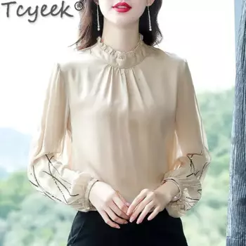 Рубашки Tcyeek90 % из шелка тутового шелкопряда, женская одежда, рубашка с длинным рукавом для женщин, Однотонные блузки из натурального шелка, женские топы, блузка для женщин