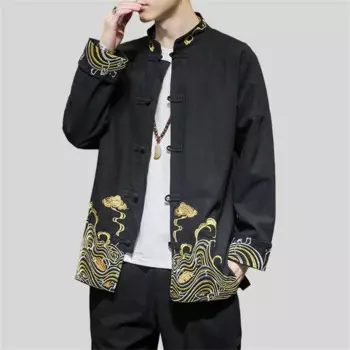 Рубашки в китайском стиле мужские, весна-осень, Однотонная рубашка с вышивкой, воротник-стойка, куртка, повседневный костюм Тан, кунг-фу