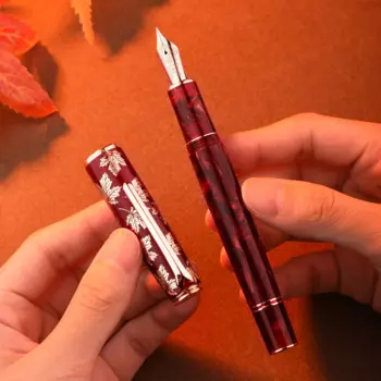 Ручка перьевая Hongdian N8, красная каучуковая ручка с шляпкой для резьбы в виде кленового листа и конвертером, EF/F/M/длинное перо для ножа