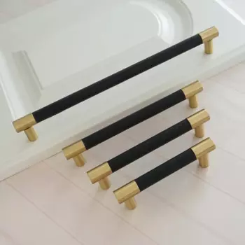 Ручки для шкафа из однотонной латуни и кожи, черный комод из воловьей кожи, ручки для кухонного шкафа, Современная фурнитура