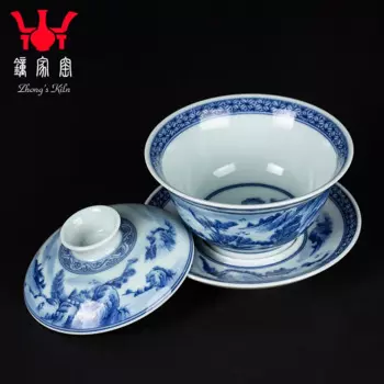 Ручной набор для чая Sancai Gaiwan, чайная чашка Керамическая ручная роспись синий и белый пейзаж чай чаша с одним дровяная печь для обжига
