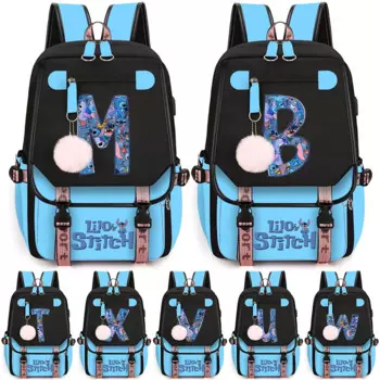 Рюкзак в стиле аниме Lilo Stitch для девочек-подростков, школьный USB-рюкзак для ноутбука, женский школьный рюкзак с 26 буквами Mochila