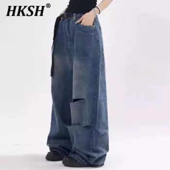 Рваные джинсы HKSH с поясом, мужские Модные Винтажные женские модные панковские джинсовые брюки с потертостями и широкими штанинами HK1642