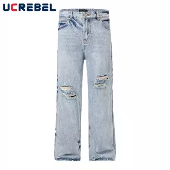 Рваные потертые джинсы, мужские свободные уличные прямые джинсы с широкими штанинами и карманами, мужские брюки