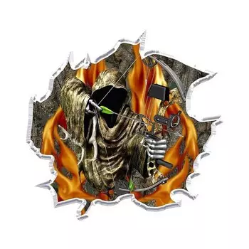 Рваный лес, камуфляж, пламя, огонь, мрачный жнец, лук, охотник, камуфляжный капюшон, виниловая графическая наклейка на кузов автомобиля, 3D наклейки на автомобиль