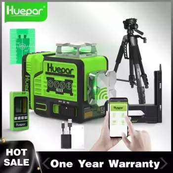 Самонивелирующийся лазерный уровень Huepar, 2x360, зеленый луч, Bluetooth, с ресивером и литий-ионным аккумулятором