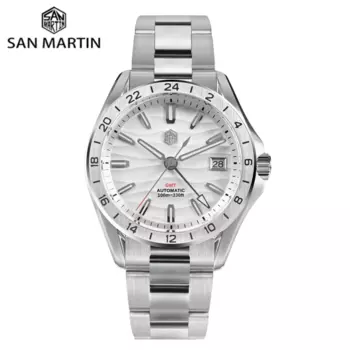 San Martin 39 мм GMT Dress Watch NH34 Автоматические роскошные часы Desert Dune Dial AR Coated Sapphire 100M Водонепроницаемые светящиеся часы SN0129-2