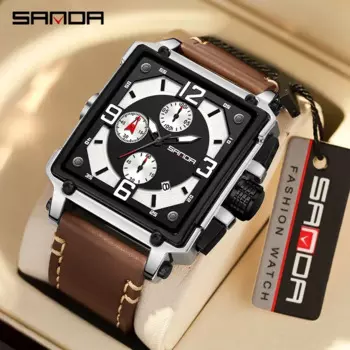 Sanda 5304, крутой дизайн, мягкий кожаный ремешок, водонепроницаемые кварцевые часы с прямоугольным циферблатом, деловые мужские наручные часы с хронографом