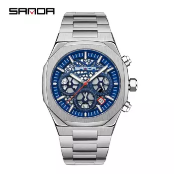 SANDA 5505 крутые Модные кварцевые наручные часы, водонепроницаемый секундомер, поворотный восьмиугольный циферблат, дизайн даты, светящиеся мужские часы