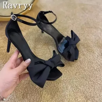 Сандалии женские с квадратным носком, пляжная обувь на плоской подошве, элегантные босоножки с бантом и узлом, цвет черный, лето