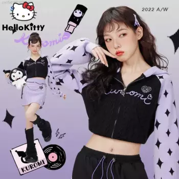 Sanrio Kuromi Cinnamoroll Спортивное пальто Женская новая мода 90-х Эстетическая корейская короткая стильная толстовка на молнии Harajuku Толстовка Yk2