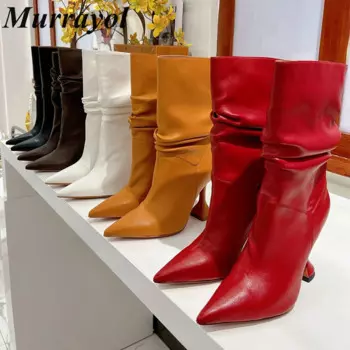 Сапоги до середины икры из натуральной кожи с острым носком, женские короткие ботинки на тонком каблуке в британском стиле, весенне-осенние ботинки «Челси», подиумные ботинки