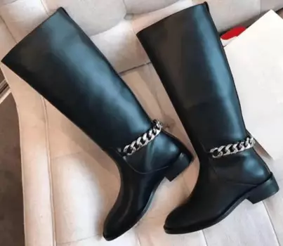 Сапоги женские из натуральной кожи, до колена, с круглым носком, с цепочкой сзади, зимние, большие размеры 42