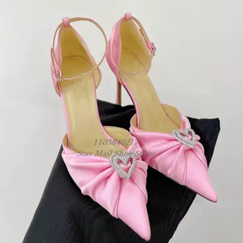 Сатиновые роскошные открытые босоножки с острым носком и ремешком на щиколотке, Свадебные Элегантные женские босоножки на высоком каблуке