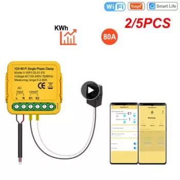 Счетчик энергии Tuya Smart Life с Wi-Fi, 2/5 шт., 80 а, с трансформатором тока, зажимом, контролем мощности в кВтч, 230 В