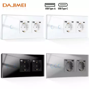 Сенсорный выключатель DAJIMEI, 1/2/3 клавиши, 1/2 канала, с двойным USB-портом, Тип C, европейские мощные настенные выключатели, искусственное стекло для дома