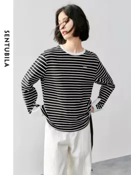 SENTUBILA хлопковая вязаная футболка в полоску в стиле пэчворк, женская осень 2023, повседневные свободные женские футболки с круглым вырезом и длинными рукавами 143T56086
