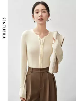 SENTUBILA Slim Fit шерстяной вязаный кардиган для женщин, осень 2023, повседневный однотонный базовый простой женский пуловер с v-образным вырезом, топ W43H56570