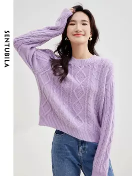SENTUBILA винтажный вязаный свитер Argyle 2024, весенний фиолетовый повседневный вязаный топ с круглым вырезом и длинными рукавами, прямой свободный джемпер W34E52249