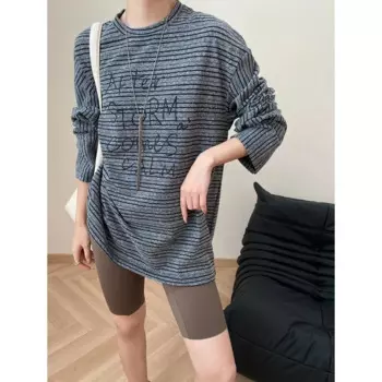 Серая полосатая вышитая Футболка с круглым вырезом и длинными рукавами