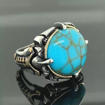 Серебряное кольцо с бирюзой, мужское серебряное кольцо ручной работы, круглое серебряное кольцо, кольцо с бирюзовым драгоценным камнем, кольцо из серебра 925 пробы