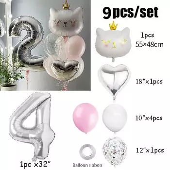 Серебряные фольгированные шары в виде кота Yaobener, набор из 9 штук