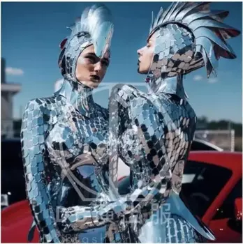 Серебряный зеркальный костюм со змеиной головой, индивидуальное изготовление, сценическое исполнение ночного клуба, бара, сценический костюм, зеркальный танцевальный подиумный костюм