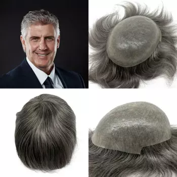 Серые волосы с V-образной петлей, человеческие волосы Remy, тонкий парик из искусственной кожи, тонкая основа для волос для мужчин