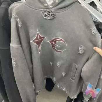 Серый худи, искусственная кожа, потертая красная кожа, звездная луна, с капюшоном, Мужская и Женская толстовка Kanye