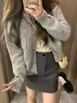 Серый мягкий восковой вязаный свитер, куртка, Женский высококлассный кардиган в ленивом стиле