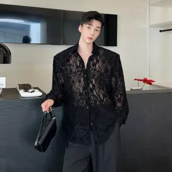 Сетчатая жаккардовая рубашка с вырезами Мужская рубашка с длинным рукавом Корейская версия свободная Высококачественная рубашка