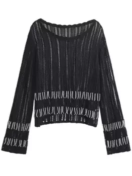 Сетчатые вязаные топы из бисера для женщин, осень-зима 2024, новый свободный пуловер с круглым вырезом и длинными рукавами, женский джемпер с круглым вырезом и длинными рукавами