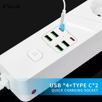 Сетевой удлинитель с европейской вилкой, 4-сторонний, с USB Type-C, 3000 Вт, 10 А, 250 В, 2 м, защита кабеля от перегрузки, удлинитель