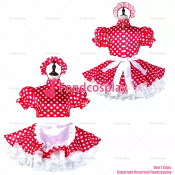 Сексуальная атласная одежда для взрослых fondcosplay с перекрестными элементами, короткое красное платье в горошек, Запираемая униформа, белый фартук для CD/TV[G2281]