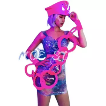 Сексуальная одежда для вечеринки gogo, светящаяся неоновая полицейская Женская облегающая юбка, костюм для ночного клуба, шоу, певицы, танцевальный костюм