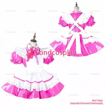 Сексуальная одежда для взрослых с крестом fondcosplay, ярко-розовое тонкое платье из ПВХ, Запираемая униформа, белый фартук, костюм для CD/TV[G2139]