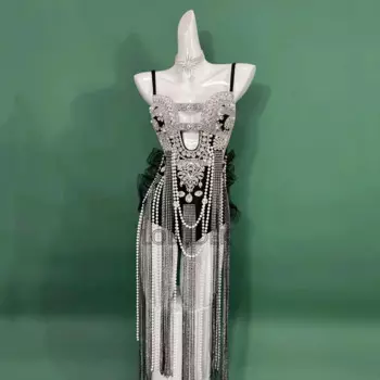 Сексуальная сценическая одежда для бара, ночного клуба, диджея, танцовщицы, блестящие стразы, бисер, боди с кисточками, купальник, женский костюм певицы, команды