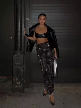 Сексуальная сетчатая юбка-макси с блестящими бриллиантами, женская черная прямая Длинная облегающая юбка с бисером, Элегантная Женская Клубная вечерняя рубашка