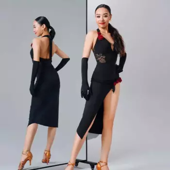 Сексуальная Женская одежда для выступлений, Женский танцевальный Топ без рукавов, юбка с разрезом, костюм румбы, самбы, танцевальная одежда 1929