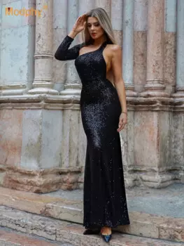 Сексуальное черное вечернее платье на одно плечо Modphy с блестками вечернее платье облегающее длинное платье в пол с открытой спиной с блестками длинное платье-Русалка