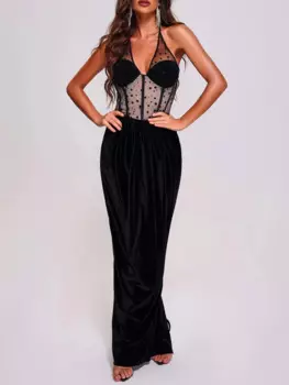 Сексуальное Кружевное Сетчатое облегающее бархатное платье макси Modphy, Элегантное Длинное платье без рукавов, Черное вечернее платье в стиле ретро