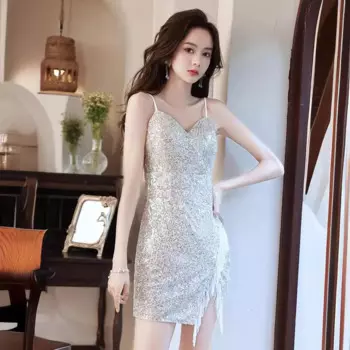 Сексуальное платье для встречи выпускников, серебристое блестящее роскошное женское платье Вечерние, короткое платье мини для встречи выпускников