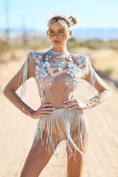 Сексуальное прозрачное боди с кисточками и стразами, женское платье с кристаллами, купальник для певицы, танцевальный сценический костюм, клубные комбинезоны