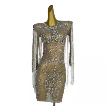 Сексуальное прозрачное короткое платье с блестящими кристаллами, вечернее платье со стразами, наряд для дня рождения, выпускного вечера, сценический костюм с кисточками, платье с бахромой