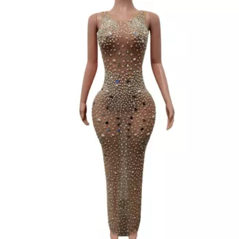 Сексуальное сценическое длинное платье с блестящим жемчугом и кристаллами, женское прозрачное сетчатое платье для празднования дня рождения, сценический костюм, танцевальная одежда