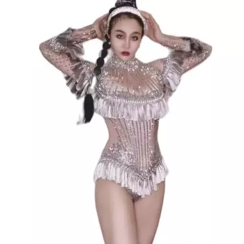 Сексуальное сценическое трико с бахромой, блестящее Женское боди с длинными рукавами