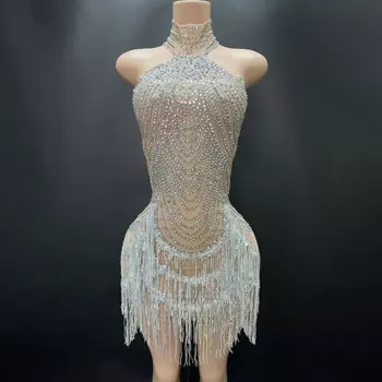 Сексуальное вечернее платье Gogo, женское платье с лямкой на шее и блестками, платье с кисточками для ночного клуба, бара, клуба, костюм для выступлений, танцевальный костюм королевы, женский наряд