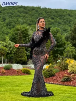 Сексуальные иллюзионные коктейльные платья с блестками и бусинами Вечернее платье Роскошное длинное платье русалки с перьями Дубая Robe De Marie