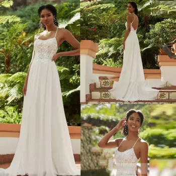 Сексуальные простые свадебные платья Дешевые Холтер без рукавов с кружевной аппликацией A Line Пляжное свадебное платье в стиле бохо с открытой спиной Vestidos De Novia